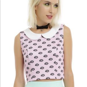 Hot Topic Pink Black Lips Peter Pan Cute Collared Crop Top Medium M
